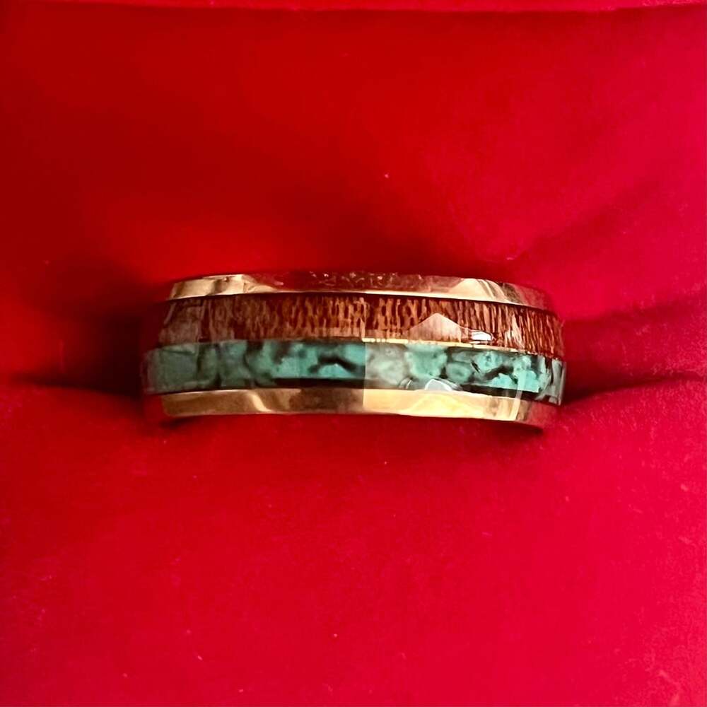 Tungsten Rose Gold Koa Wood & Turquoise Inlay 6mm Ring Size 12